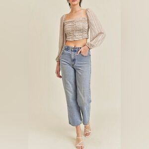 Amaryllis Beige Smocked Square-Neck Puff Sleeve Crop Top